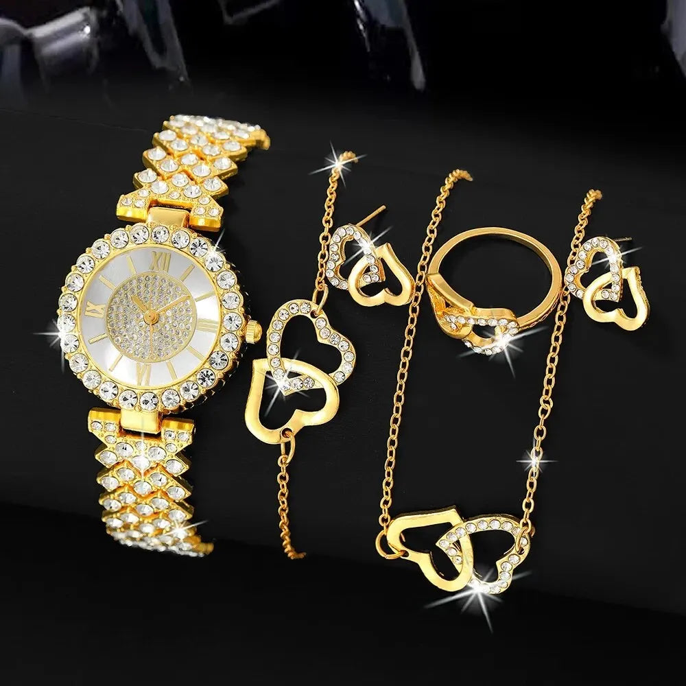 6-Piece Women’s Luxury Watch & Bracelet Set - Roman Dial Quartz Wristwatch for Ladies