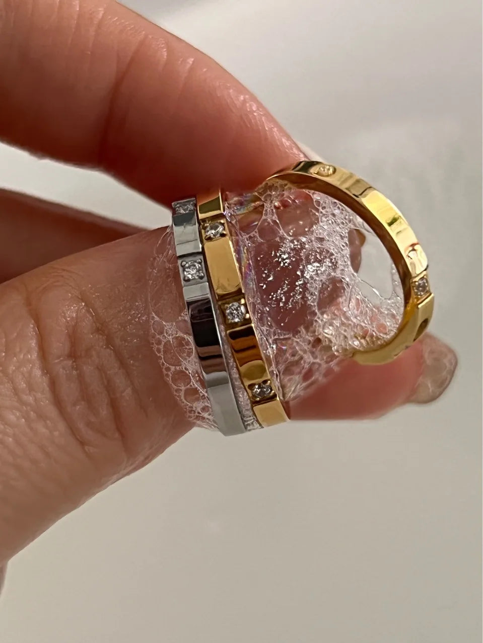 Waterproof Stone Inlaid Geometric Ring for Women - Engraved Statement Party & Wedding Band
