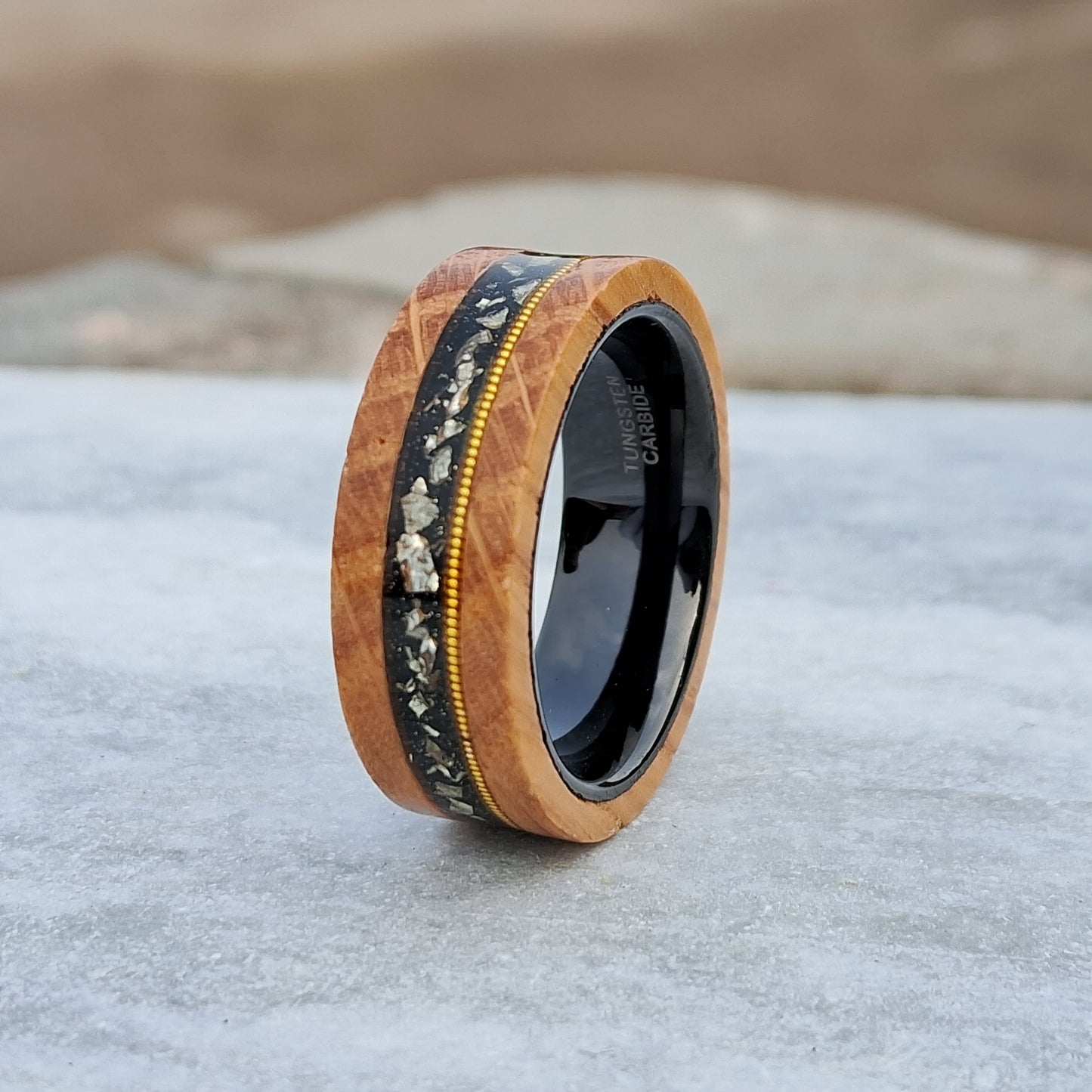 8mm Tungsten Ring with Olive Wood, Black Sand, and Metal Slag Guitar String Inlay – Unique Design Free Custom Engraving
