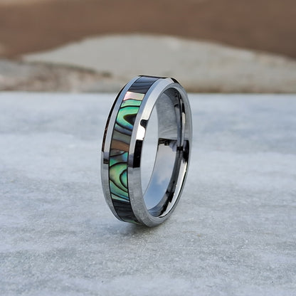 6mm Tungsten Ring features a stunning abalone shell inlay and a polished finish, offering a unique and stylish choice for men’s wedding band