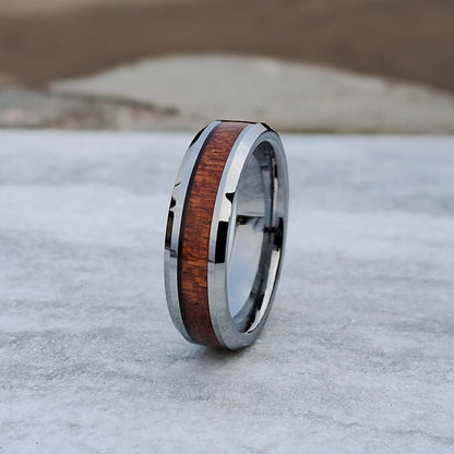 6mm Silver Tungsten Ring for Men with Wood Inlay – Stylish Engagement & Wedding Band Free Custom Engraving