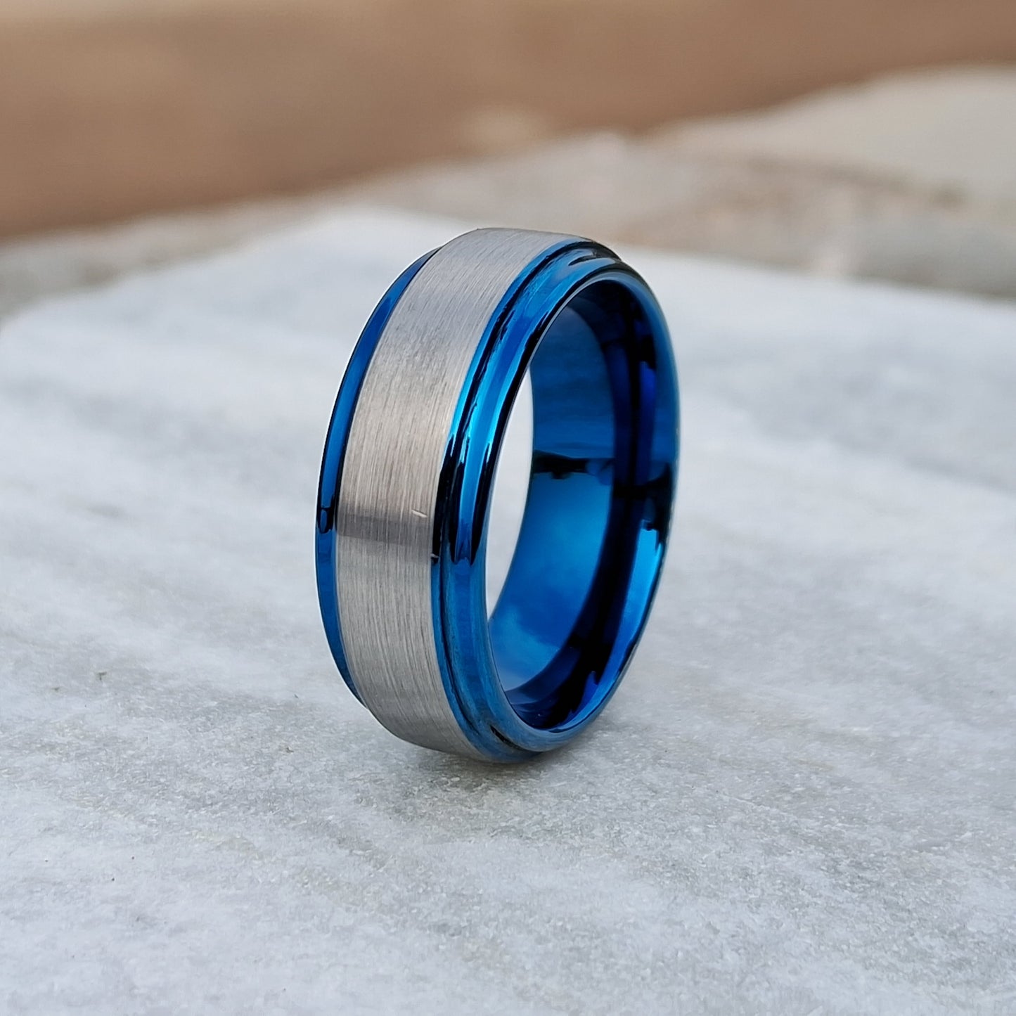 8mm brushed tungsten rings with a blue inner band Men's Tungsten Wedding Band, Men Tungsten ring Free Custom Engraving
