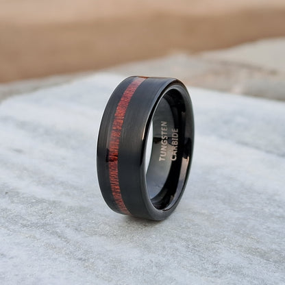 8mm Black Tungsten Ring for Men - Features a Wood Line Inlay, Perfect for Engagements & Wedding Bands. Stylish, Durable, and Unique Design.