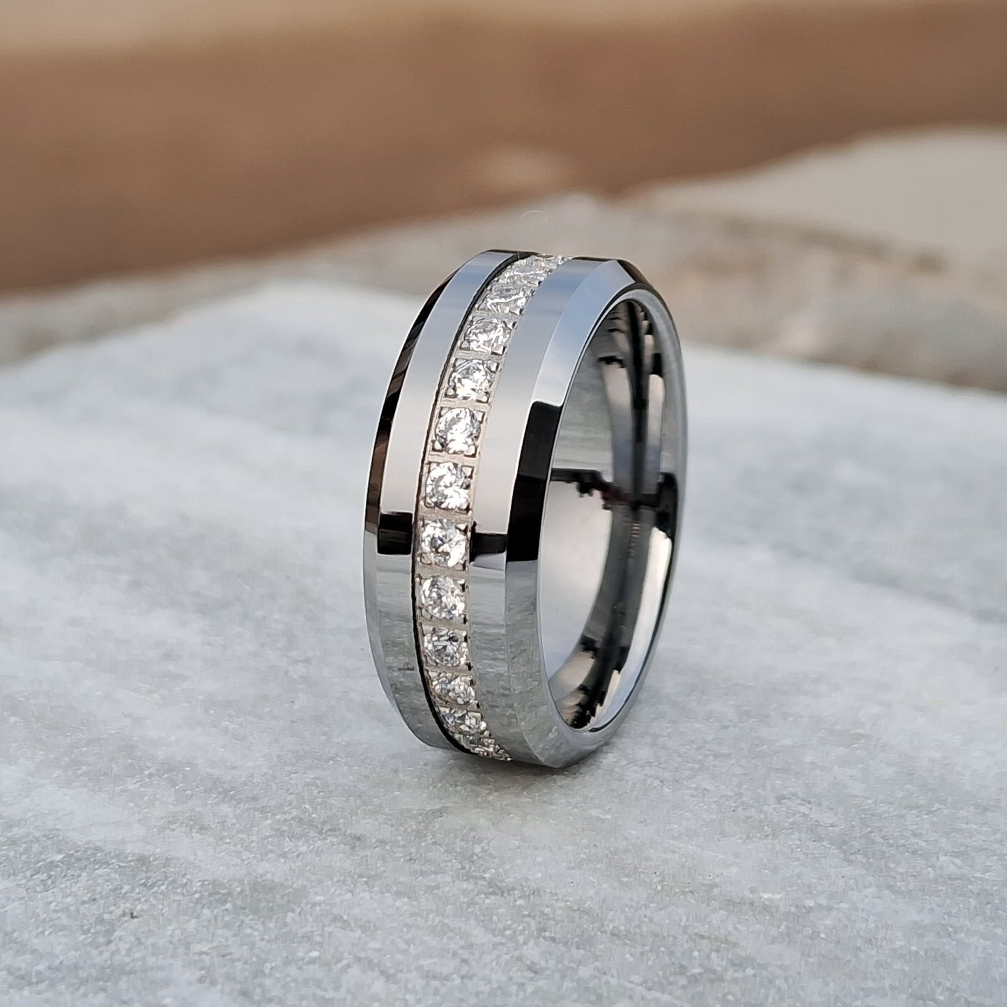 8mm Silver Color Men's Tungsten Ring with Round Cubic Zirconia Diamonds – Stylish, Durable Wedding Band Scratch-Resistant Comfort Fit Design
