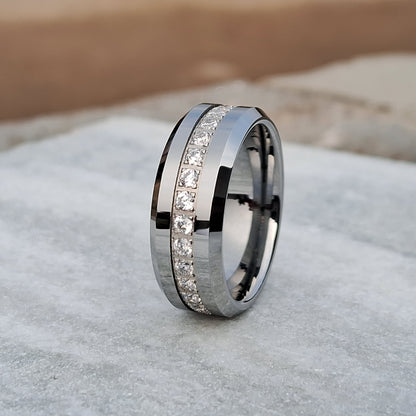 8mm Silver Color Men's Tungsten Ring with Round Cubic Zirconia Diamonds – Stylish, Durable Wedding Band Scratch-Resistant Comfort Fit Design