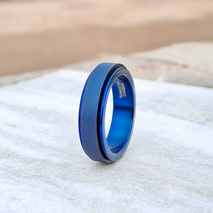 6mm Tungsten Ring Sandblasted Blue Rotating Rings For Men and Women, Wedding Tungsten band, Anniversary Ring for women, Valentines