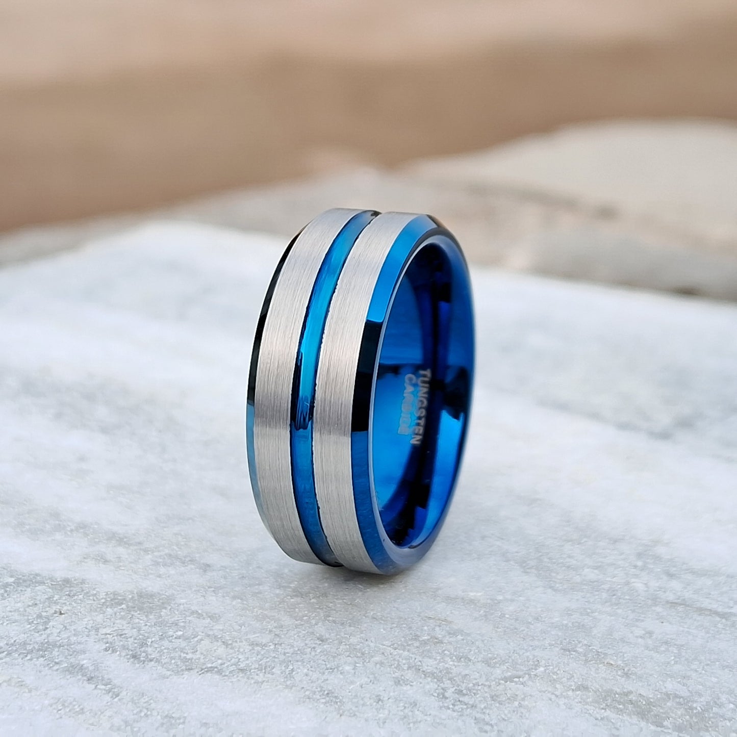 8mm Tungsten Ring Silver Brushed Thin Blue Line Inlay Men Engagement Bands, Blue Wedding Ring | Anniversary Ring | Silver Tungsten