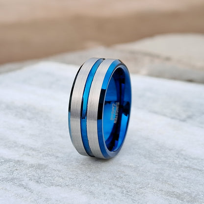 8mm Tungsten Ring Silver Brushed Thin Blue Line Inlay Men Engagement Bands, Blue Wedding Ring | Anniversary Ring | Silver Tungsten