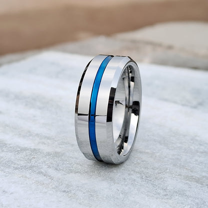 8mm Tungsten Ring Blue Line Inlay Men Silver Polished Wedding Band - Stylish and Durable Choice for Weddings and Everyday Wear"