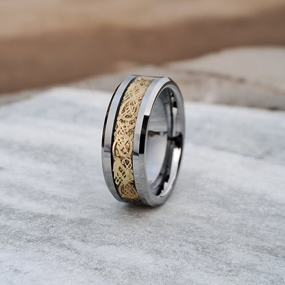 6mm Men Women Tungsten Ring Gold Dragon Inlay Polished Wedding band, Engagement Ring for men Free Custom Engraving