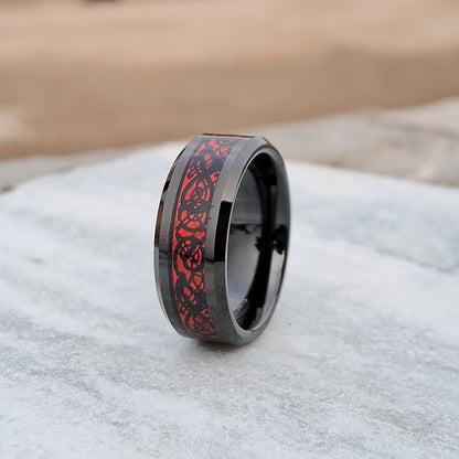 8mm Black Tungsten Ring for Men with Red Celtic Dragon Inlay. Durable and stylish wedding band or accessory, ideal for any occasion