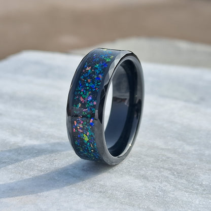 8mm Polished Dome Tungsten Ring with Multi-Color Opal Inlay for Men and Women – Black Tungsten Design Free Custom Engraving