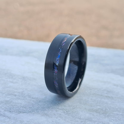 8mm Black Plated Tungsten Ring with Brushed Finish and Blue Meteorite Stone Inlay–Stylish Durable Band for Men & Women Free Custom Engraving