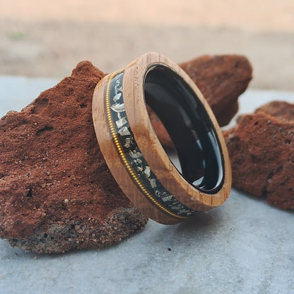 8mm Tungsten Ring with Olive Wood, Black Sand, and Metal Slag Guitar String Inlay – Unique Design Free Custom Engraving