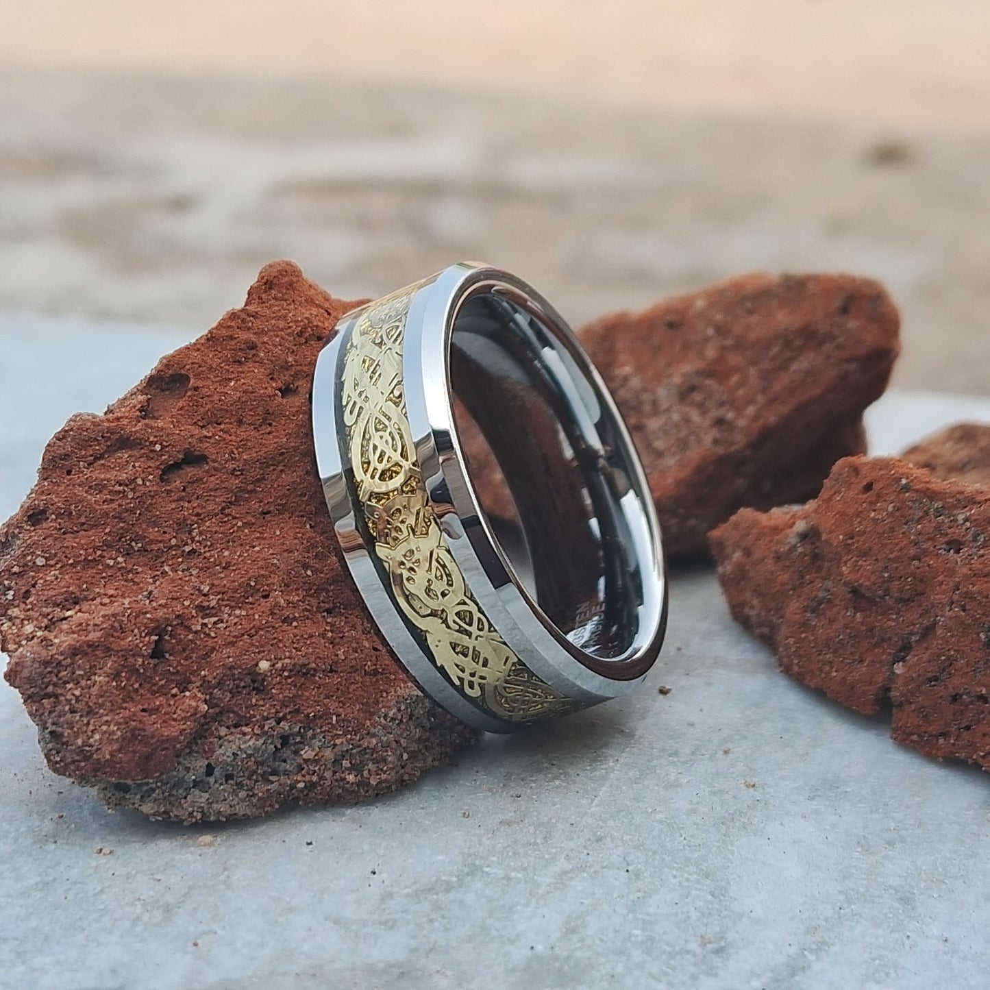6mm Men Women Tungsten Ring Gold Dragon Inlay Polished Wedding band, Engagement Ring for men Free Custom Engraving