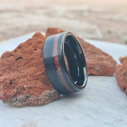 8mm Black Tungsten Ring for Men - Features a Wood Line Inlay, Perfect for Engagements & Wedding Bands. Stylish, Durable, and Unique Design.