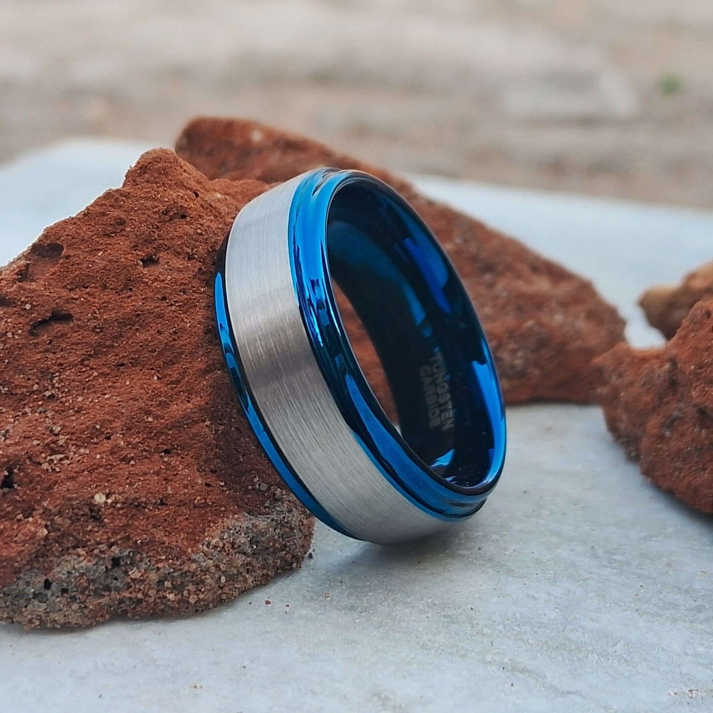 8mm brushed tungsten rings with a blue inner band Men's Tungsten Wedding Band, Men Tungsten ring Free Custom Engraving