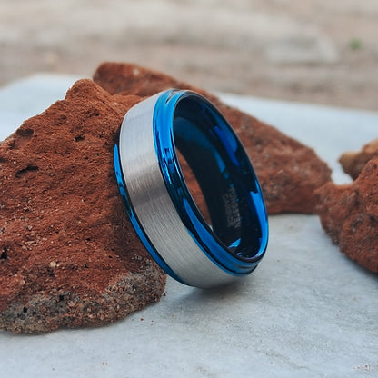 8mm brushed tungsten rings with a blue inner band Men's Tungsten Wedding Band, Men Tungsten ring Free Custom Engraving