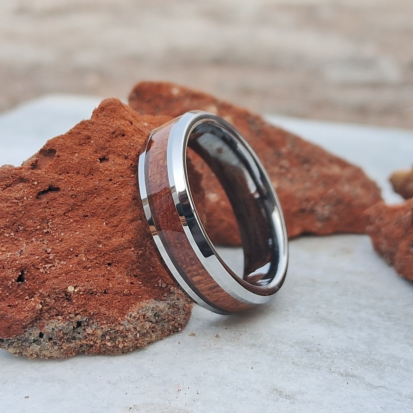 6mm Silver Tungsten Ring for Men with Wood Inlay – Stylish Engagement & Wedding Band Free Custom Engraving
