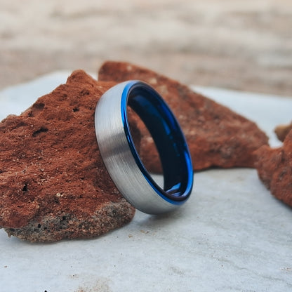 8mm brushed tungsten rings with a blue inner band Men's Tungsten Wedding Band, Men Tungsten ring Free Custom Engraving