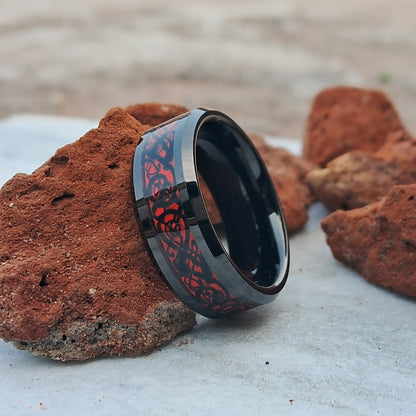 8mm Black Tungsten Ring for Men with Red Celtic Dragon Inlay. Durable and stylish wedding band or accessory, ideal for any occasion