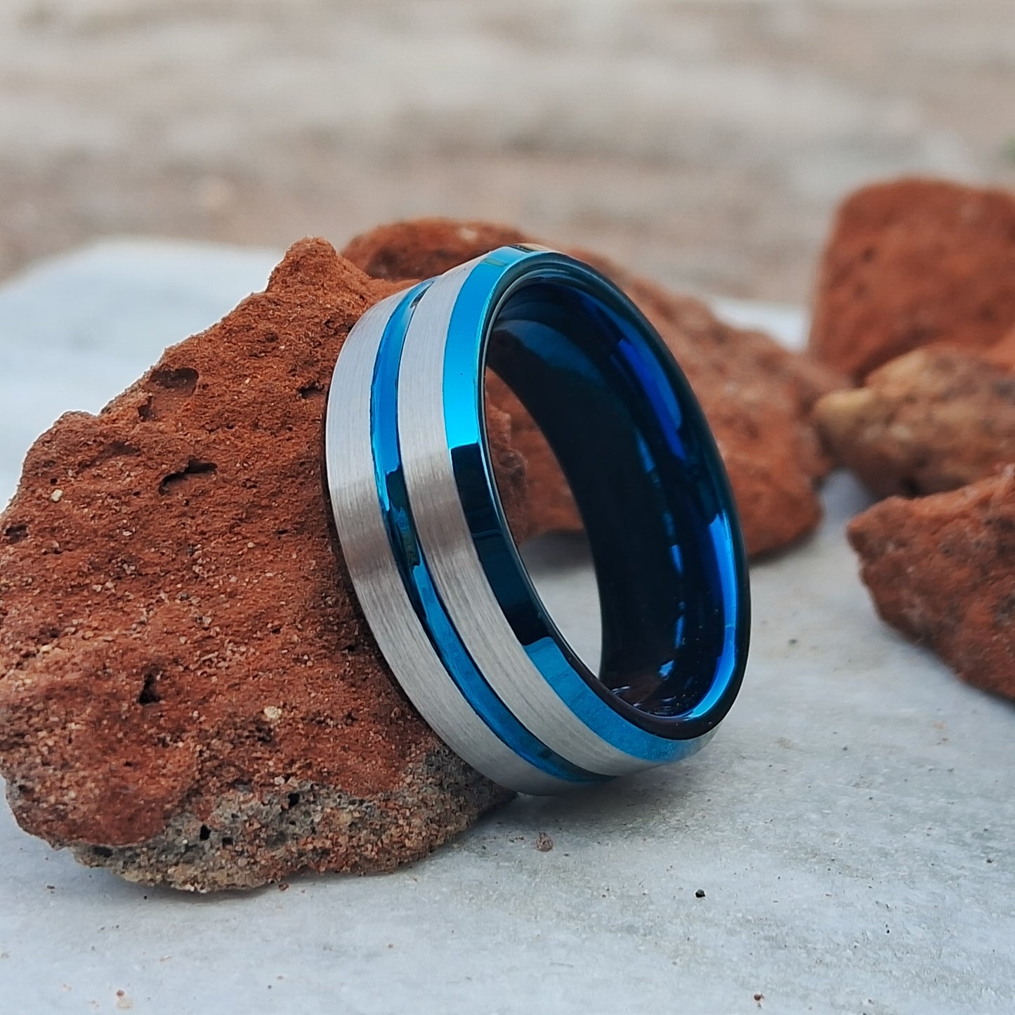 8mm Tungsten Ring Silver Brushed Thin Blue Line Inlay Men Engagement Bands, Blue Wedding Ring | Anniversary Ring | Silver Tungsten