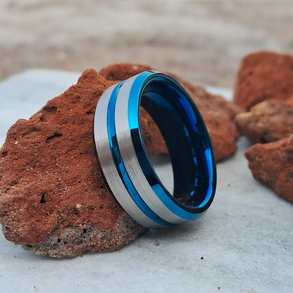 8mm Tungsten Ring Silver Brushed Thin Blue Line Inlay Men Engagement Bands, Blue Wedding Ring | Anniversary Ring | Silver Tungsten