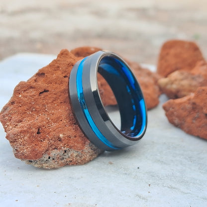 6mm Tungsten Wedding Band for Men & Women – Blue Groove Matte Finish Ring, Stylish Free Custom Engraving