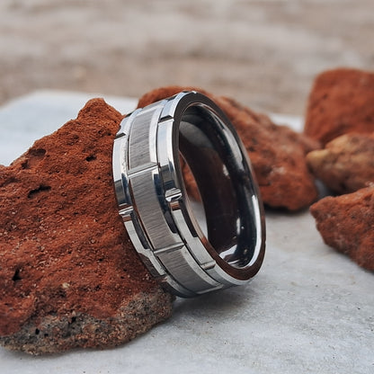 8mm Silver Tungsten Ring for Men–Durable with Mechanical Seal Inlay. Sleek and Unique Design, Perfect for Everyday Wear or Special Occasion