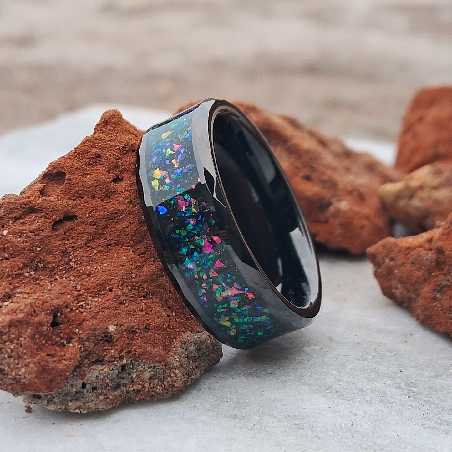 8mm Polished Dome Tungsten Ring with Multi-Color Opal Inlay for Men and Women – Black Tungsten Design Free Custom Engraving