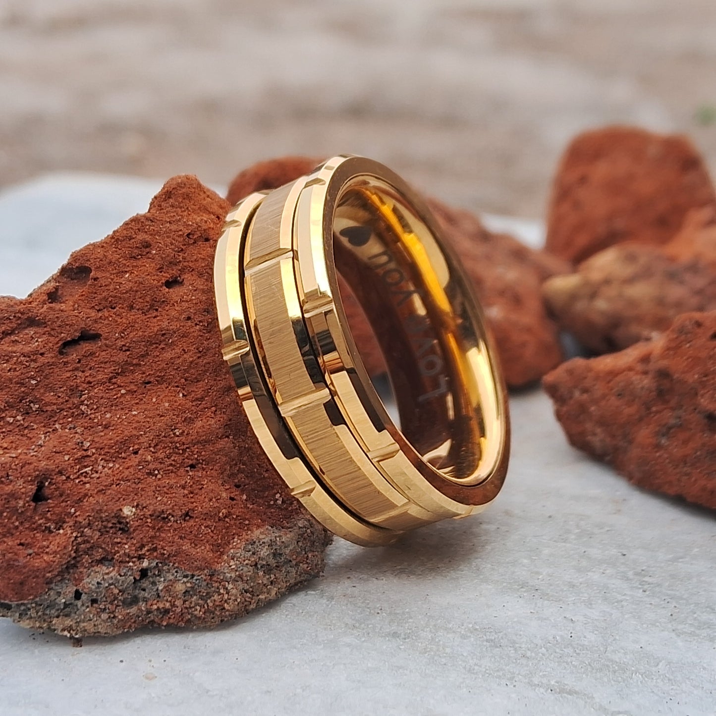 This 8mm Gold Tungsten Ring features a unique mechanical seal inlay, combining durability and style for the modern man Free Custom Engraving