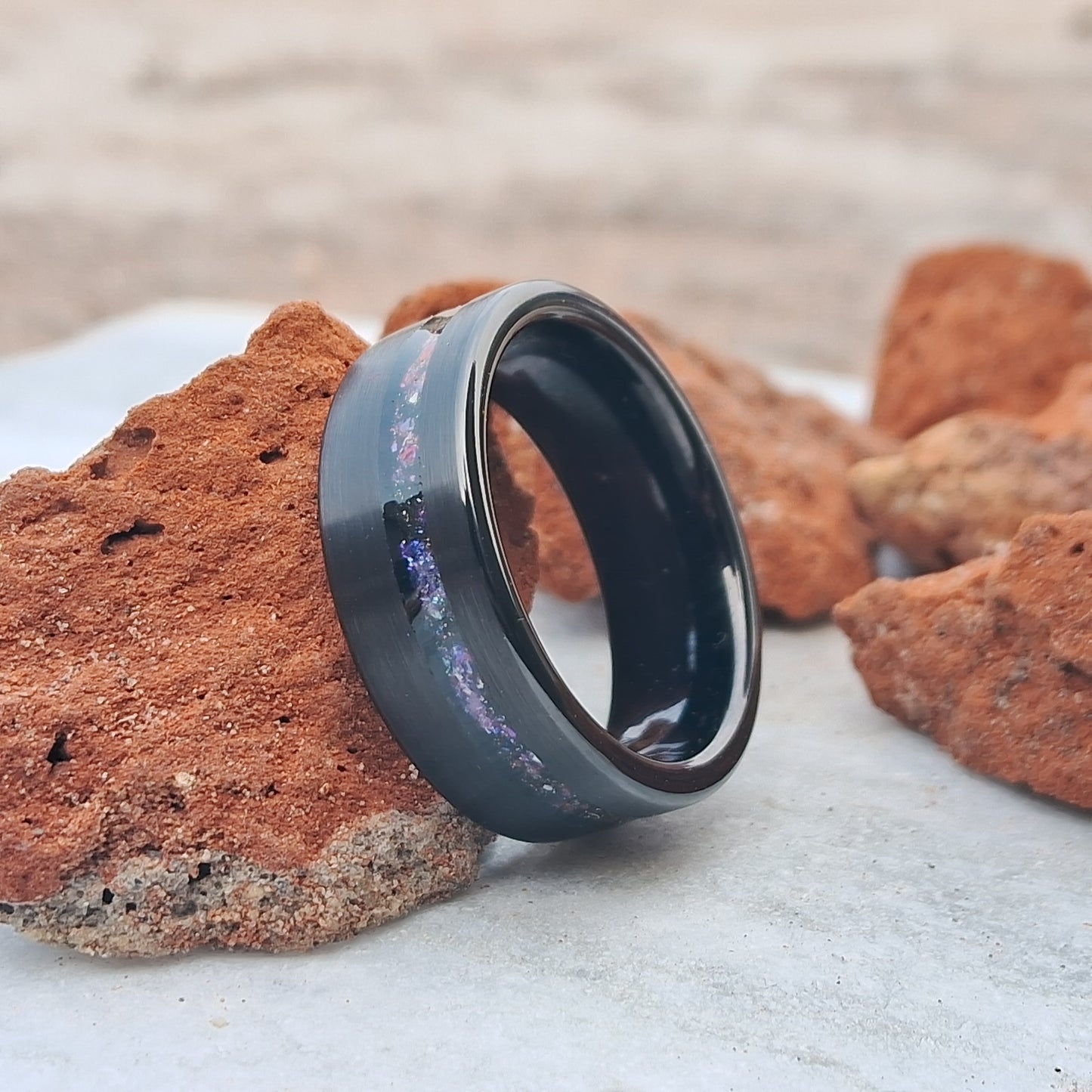 8mm Black Plated Tungsten Ring with Brushed Finish and Blue Meteorite Stone Inlay–Stylish Durable Band for Men & Women Free Custom Engraving