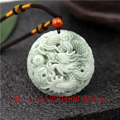 Natural White & Green Jade Dragon Pendant Necklace - Carved Amulet Charm