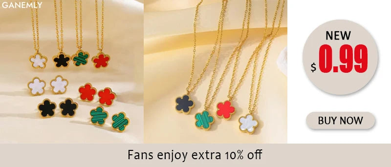 GANEMLY 316L Stainless Steel 4-Color Five Leaf Clover Flower Necklace Bracelet Earrings Set For Women New Waterproof Jewelry