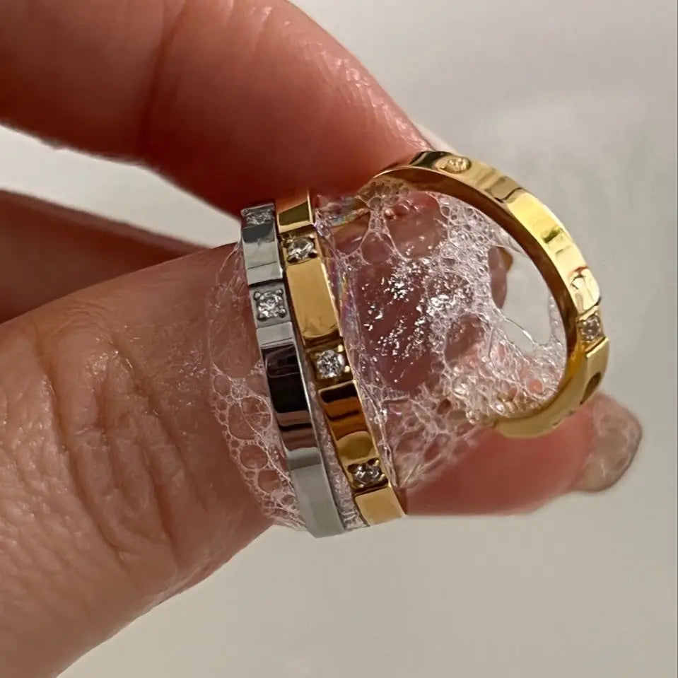 Waterproof Stone Inlaid Geometric Ring for Women - Engraved Statement Party & Wedding Band