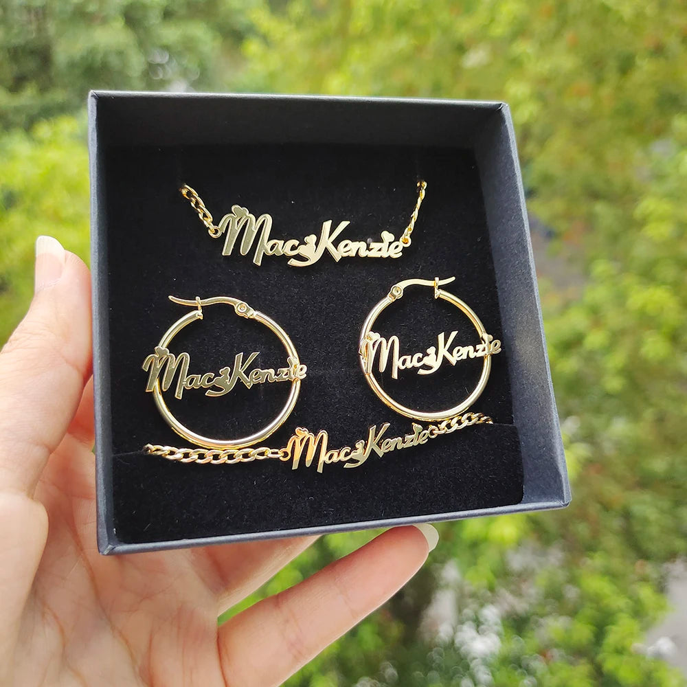 Personalized Name Kids Set Necklace Custom Letter Bracelet Stainless Steel Mini Earrings Gift for Kids