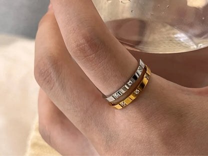 Waterproof Stone Inlaid Geometric Ring for Women - Engraved Statement Party & Wedding Band