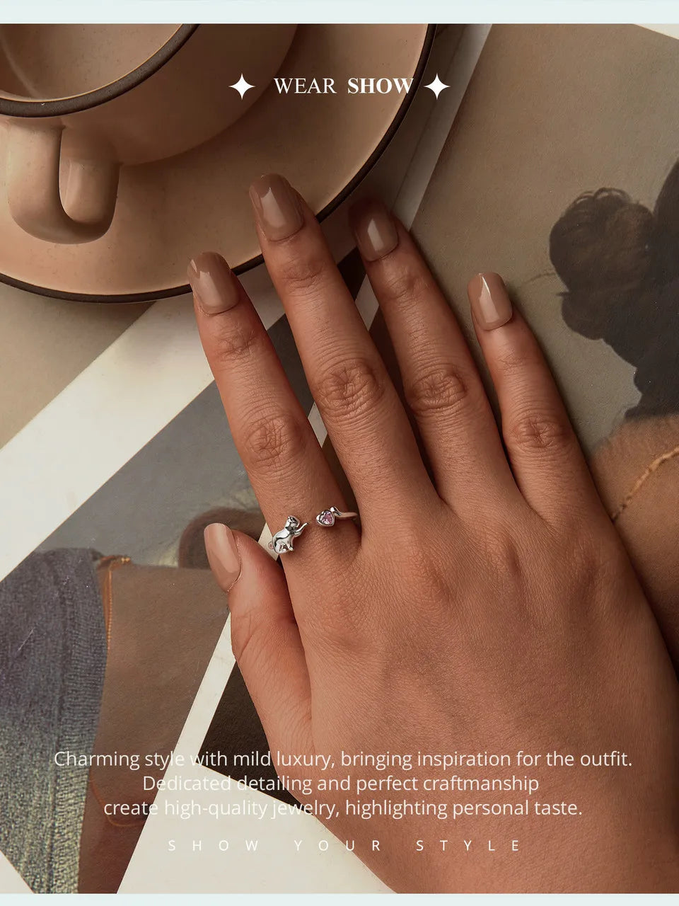 BAMOER 925 Sterling Silver Cute Cat Ring for Women, Lovely Pet Animals Open Ring Statement Ring Jewelry Gift for Pet Lover