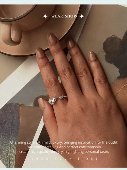 BAMOER 925 Sterling Silver Cute Cat Ring for Women, Lovely Pet Animals Open Ring Statement Ring Jewelry Gift for Pet Lover