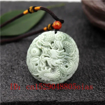 Natural White & Green Jade Dragon Pendant Necklace - Carved Amulet Charm