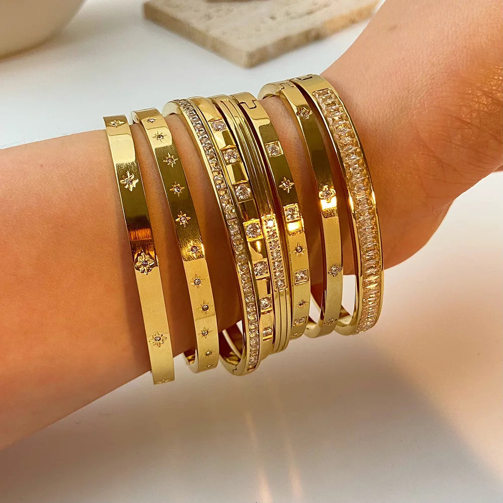 New Waterproof Cubic Zirconia Bangles - Tarnish-Free Stainless Steel Bracelets for Women | Customizable Wholesale Jewelry