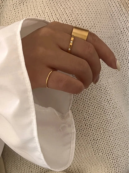 Waterproof Stone Inlaid Geometric Ring for Women - Engraved Statement Party & Wedding Band