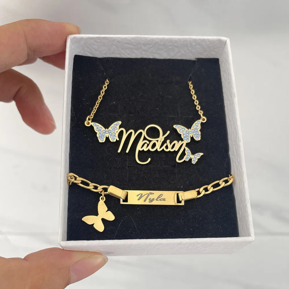 Personalized Name Kids Set Necklace Custom Letter Bracelet Stainless Steel Mini Earrings Gift for Kids