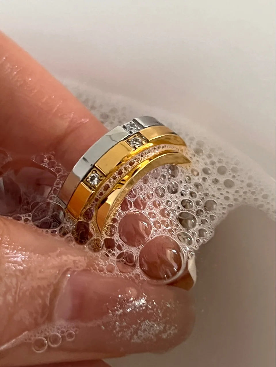 Waterproof Stone Inlaid Geometric Ring for Women - Engraved Statement Party & Wedding Band