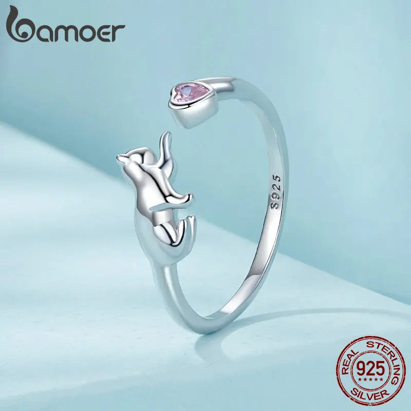 BAMOER 925 Sterling Silver Cute Cat Ring for Women, Lovely Pet Animals Open Ring Statement Ring Jewelry Gift for Pet Lover