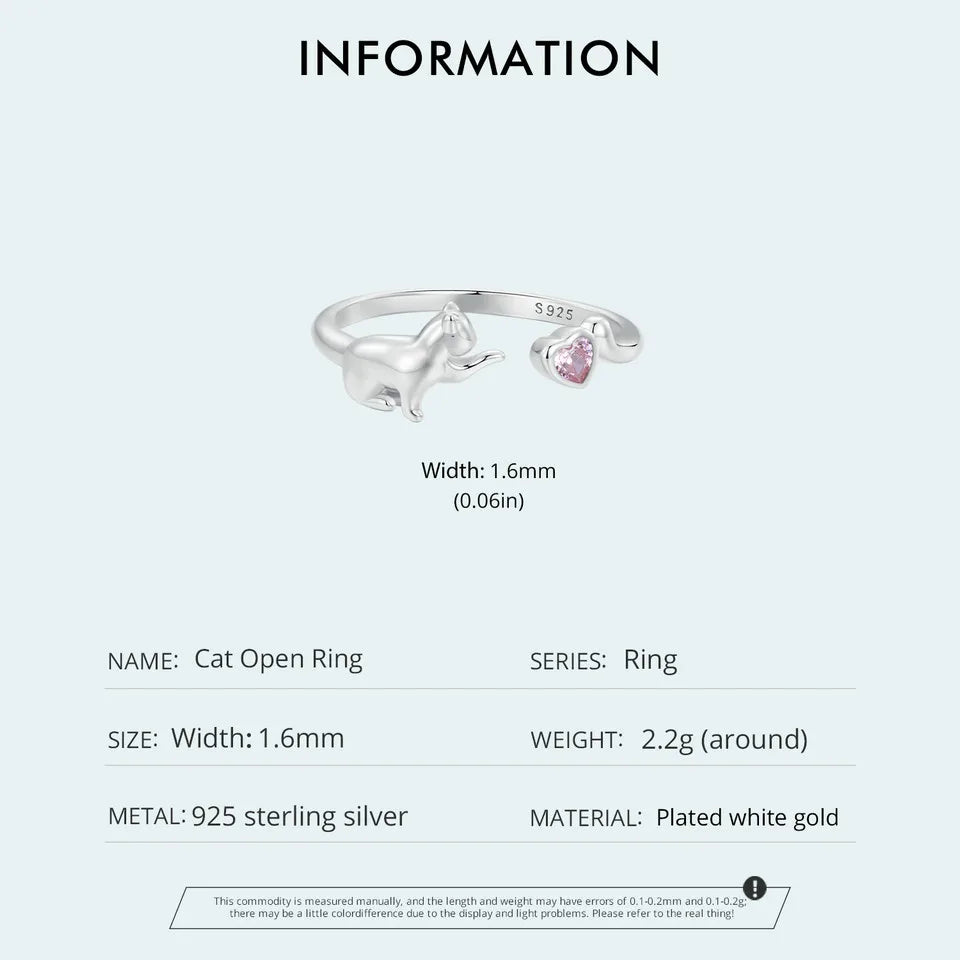BAMOER 925 Sterling Silver Cute Cat Ring for Women, Lovely Pet Animals Open Ring Statement Ring Jewelry Gift for Pet Lover