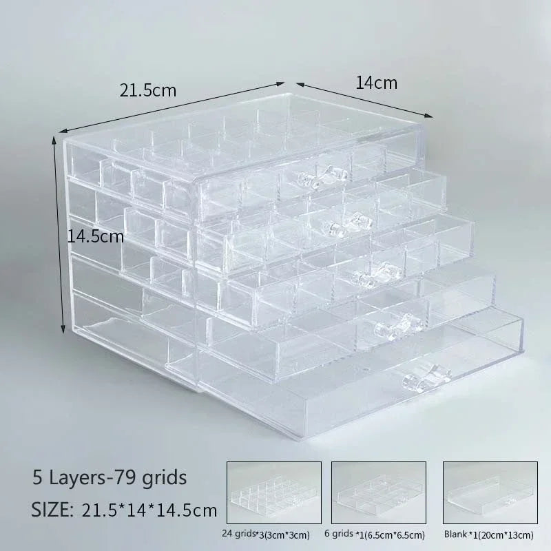 Transparent Jewelry Storage Box 72/79/120 Grids Multi-layer Plastic Display Holder with Drawer Nail Diamonds Organizer Nail Art
