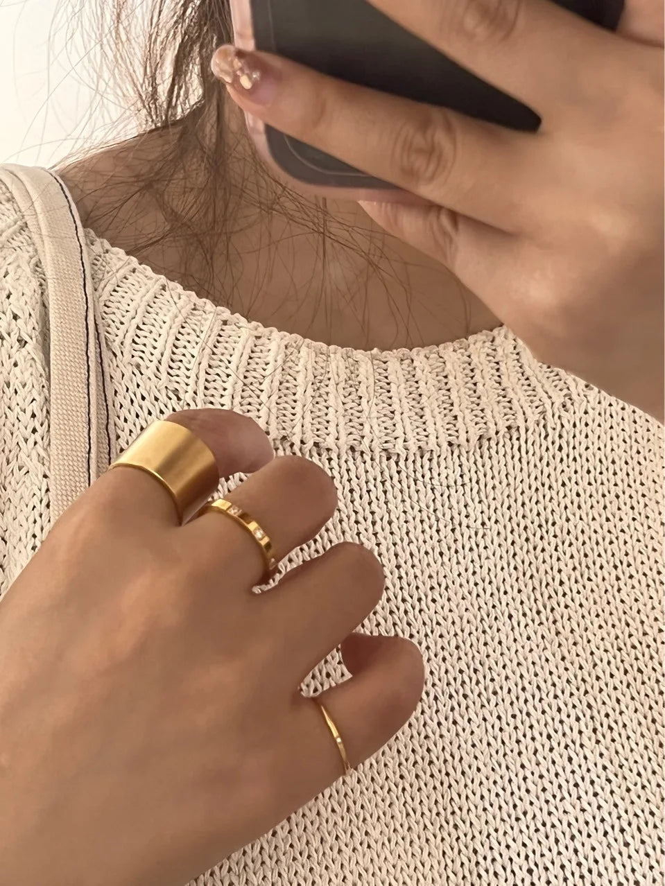 Waterproof Stone Inlaid Geometric Ring for Women - Engraved Statement Party & Wedding Band