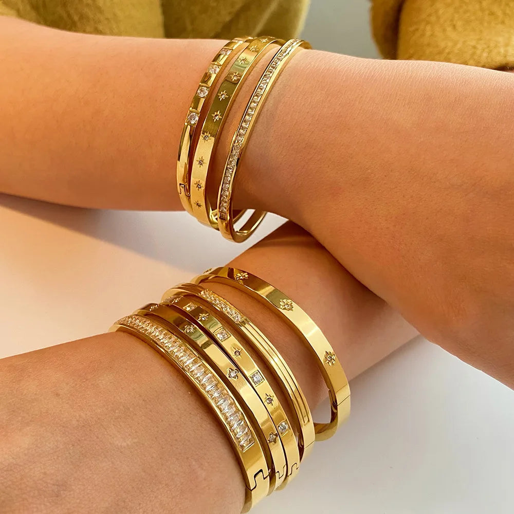 New Waterproof Cubic Zirconia Bangles - Tarnish-Free Stainless Steel Bracelets for Women | Customizable Wholesale Jewelry