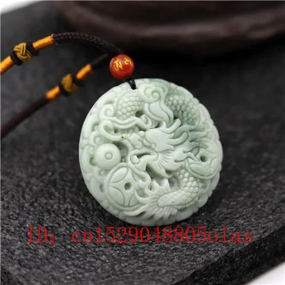 Natural White & Green Jade Dragon Pendant Necklace - Carved Amulet Charm
